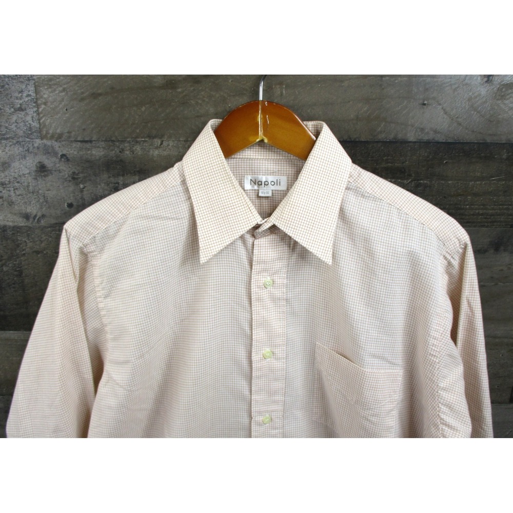 Napoli Dress Shirt Mens 15.5 32 Brown Plaid Vintage Button Up Long Sleeve Pocket